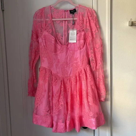NWT Bardot Ellie Lace Corset Dress Hot Pink Bloom XL Mini Skirt Long Sleeve - Picture 3 of 10